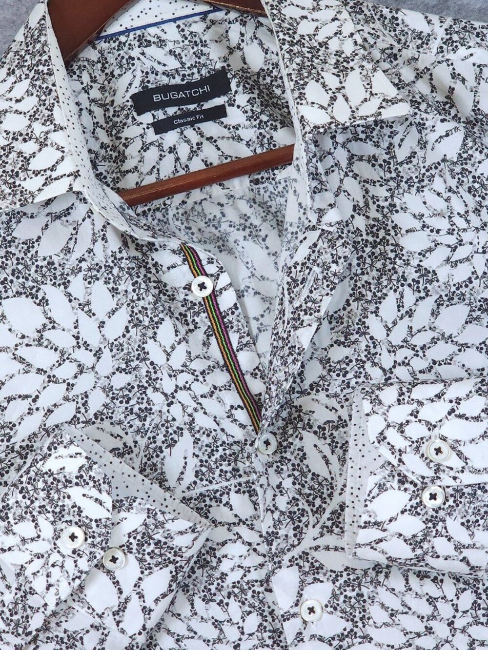 Bugatchi Shirt Men XXL White Black Floral Classic Fit Cotton Stretch Button Down